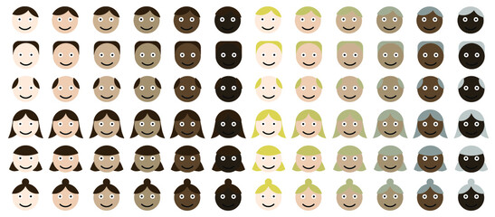 Different vector icons of faces of all races.