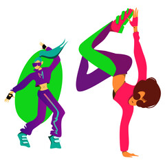 illustration of two women breakdancer. Vector isolated character.