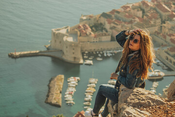 Attractive brunette seen from behind posing while sitting on a stone above the city of Dubrovnik, outlines of the majestic old town in the background. Traveler visiting the walls and the Srd mountain