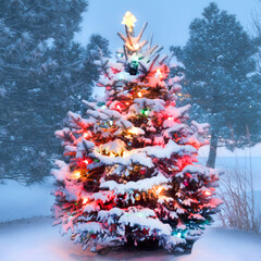 This decorated outdoor snow covered Christmas Tree glows brightly on this foggy Christmas morning. - 392306870