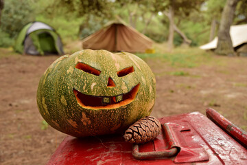BUSKETT, RABAT, MALTA - Oct 31, 2015: A pumpkin carved by hand on Halloween during a Halloween camp.