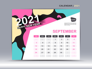 Calendar 2021 template, September Page design, Desk calendar vector for calendar 2021 template, Week starts on Monday, Fluid colorful background, Trendy minimal, creative design