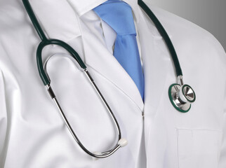 Doctor in white lab coat with stethoscope hung around his neck