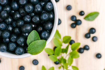 Fresh bilberries in a cup on the wooden table. Macro shot. Top view.