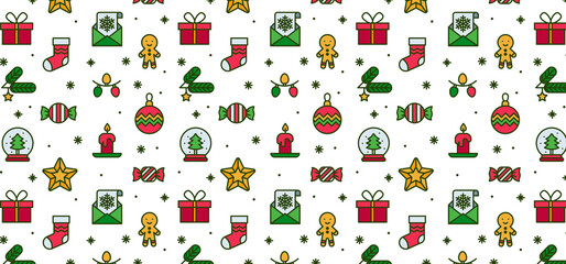 Christmas cute pattern. Funny flat cartoon icons. Xmas and winter holidays elements background. Print for fabric, wrapping paper or wallpaper. Happy New Year and Christmas Day