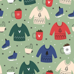 Christmas vector seamless pattern. Knitted sweater, cocoa, skates. Hand-drawn simple design