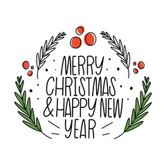 Merry Christmas and happy new year. Lettering, twigs and red berry - 392308821