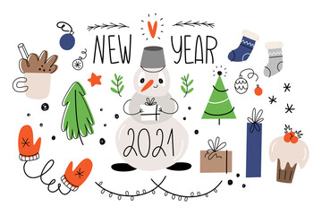 New year's set of isolates. Christmas trees, snowman, gifts, sweets, cocoa, Christmas decorations, mittens, socks and lettering. Doodle style - 392309006