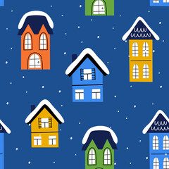 Christmas houses in a hand-drawn style. Scandi and minimalism, simple seamless background