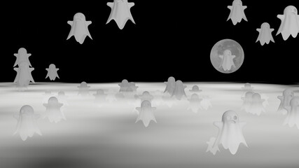 Many ghost are flying over fog plane in a full moon night (3D Rendering)