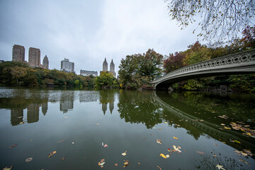 Fototapeta na wymiar The Bow Bridge over the Lake in Central Park, New York City