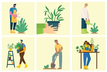 Vector set of village people with organic food, flowers and plants