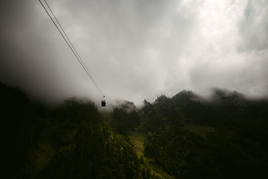 Cableway funicular in mountainous terrain in Switzerland
