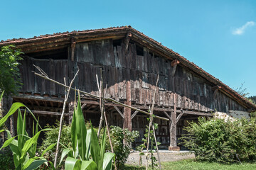 "Caserío", typical wooden house of the Basque country, at rural landscape in Spain