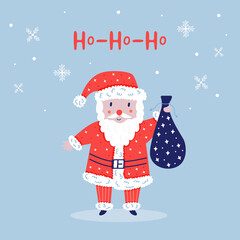 Santa Claus with a bag with presents. Holiday cute elements. New year greeting card Ho-ho-ho