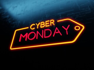 Cyber Monday arrow neon sign on futuristic concept dark blue background
