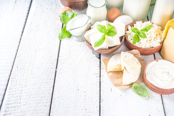 Set of Various Fresh Dairy Products - milk, cottage cheese, cheese, eggs, yogurt, sour cream, butter on wooden background
