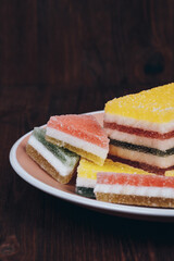 Colorful jelly candy in the plate on wooden background. Multi-colored marmalade jelly candy's. Heap of triangular and rectangular  marmalade candy.