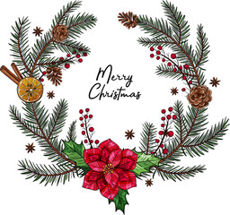 Colored wreath for New Year.A tree twig, needles, pine, berry, holly, cotoneaster, spurge, flower, cinnamon, orange, lemon, pine cone. Merry christmas lettering. Isolated vector illustrations