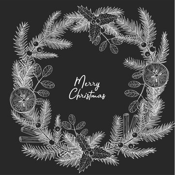 Wreath for Christmas and New Year.A tree twig, needles, pine, berry, holly, cotoneaster, cinnamon, orange, lemon. Merry christmas lettering. Isolated vector illustrations on black background.