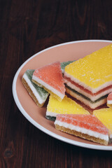 Colorful jelly candy in the plate on wooden background. Multi-colored marmalade jelly candy's. Heap of triangular and rectangular  marmalade candy.