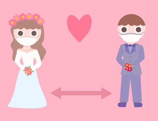 Bride and groom with wedding bouquet.Coronavirus outbreak vector concept.Self quarantine and social distancing concept.