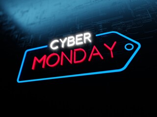 Cyber Monday arrow neon sign on futuristic concept dark blue background	
