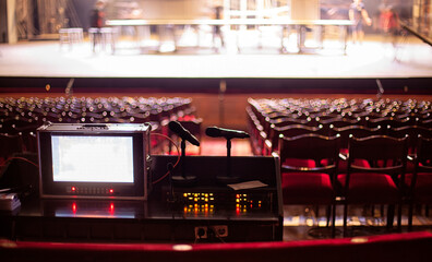 TV equipment and TV cameras in the theater. video camera in a theater Broadcasting and Recording with Digital equipment.