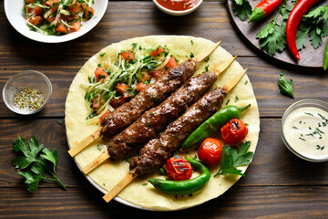 Turkish Adana Kebab with fresh vegetables on flatbread