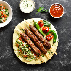 Adana Kebab with fresh vegetables on flatbread