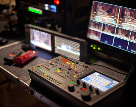 TV equipment and TV cameras in the theater. video camera in a theater Broadcasting and Recording with Digital equipment.