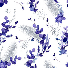 Seamless Pattern of Watercolor Foliage and Silver Christmas Tree Branches