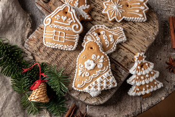 Decorated gingerbread Christmas cookies on a table