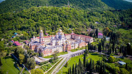 Fototapeta na wymiar New Athos monastery at summer season aerial view.