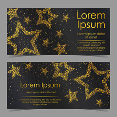 Fototapeta na wymiar Cards with stars of golden confetti, sparkles, glitter and space for text on black background. Vector illustration. Elements for banner, design, logo, card, web, invitation, business, party.