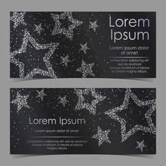 Cards with stars of silver confetti, sparkles, glitter and space for text on black background. Vector illustration. Elements for banner, design, logo, card, web, invitation, business, party.