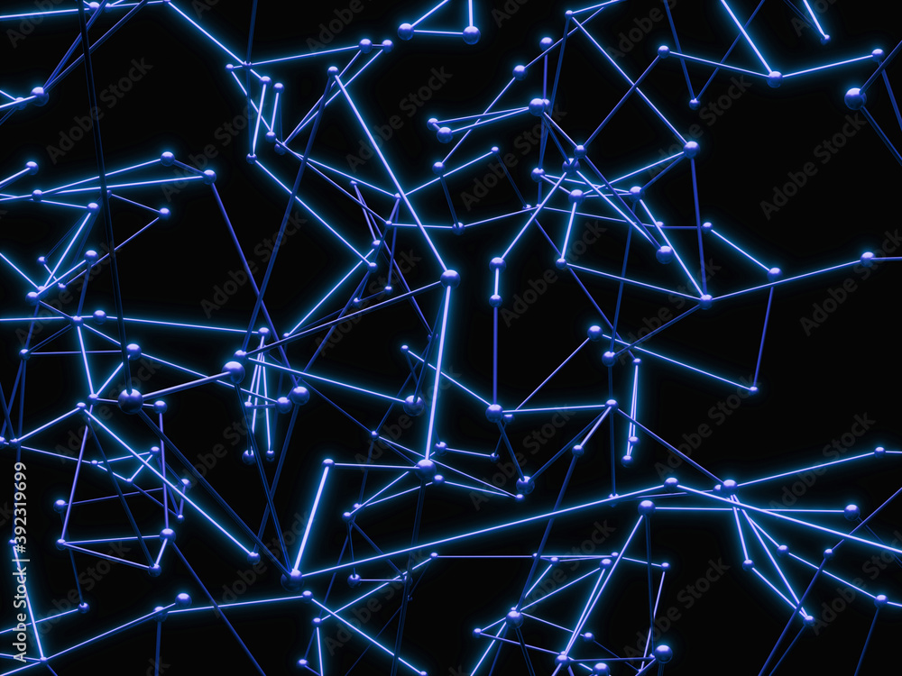 Poster connecting blue dots and lines in 3d spaces on black background, blockchain cryptocurrency and distr