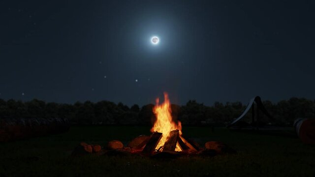 animation of big bonfire in front of forest and moonlight