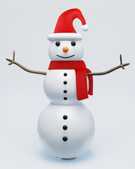 Three snowman wearing red wool hats with white fur. Wrap it up with a red scarf. Arms made with branches placed on the ground and white wallpaper. 3d rendering.