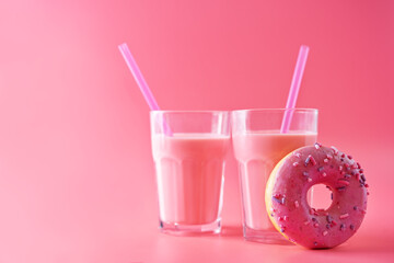 Pink milk cocktail in a glass with merengue cookies