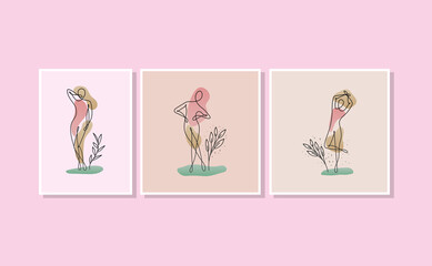 set of line women bodies on a purple background