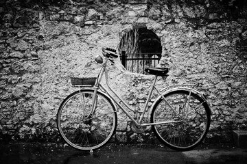 bicycle in front of old wall