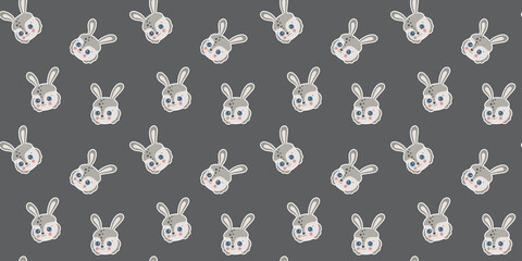 Seamless pattern of cartoon cute rabbit portraits with big opened blue eyes, ruddy cheeks and white outline on a dark brown background. Hares for Easter, fabric,  digital paper. Kawaii bunnies. Vector