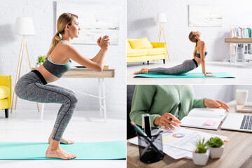 Collage of woman practicing yoga and working with laptop and papers at home