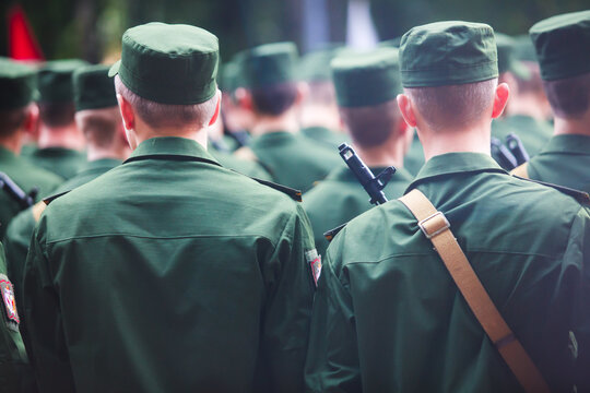 A formation line of russian army soldiers troops in military formation in uniform with chevron "Russian Armed Forces", line up during the taking the oath of allegiance ceremony