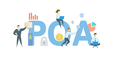 POA, Power of Attorney. Concept with keywords, people and icons. Flat vector illustration. Isolated on white background.