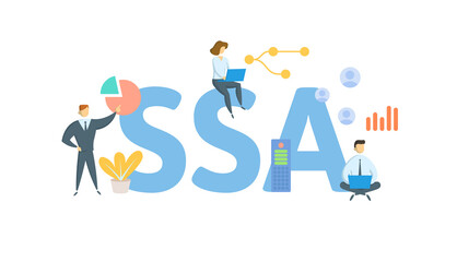 SSA, Social Security Administration. Concept with keywords, people and icons. Flat vector illustration. Isolated on white background.