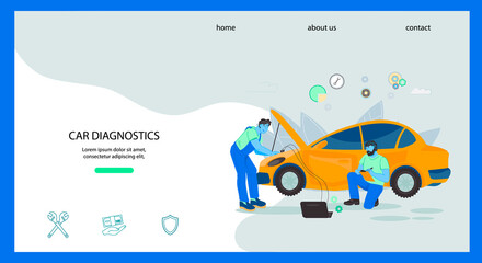 Car diagnostics website banner template with auto mechanics check parameters of car with diagnostic equipment. Car diagnostics in automotive repair services, flat vector illustration.
