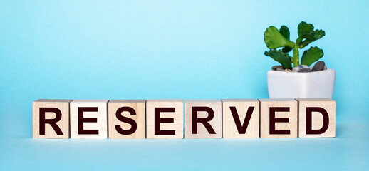 The word RESERVEDT is written on wooden cubes near a flower in a pot on a light blue background