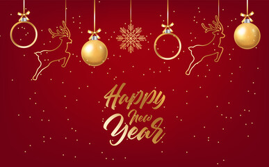 Fototapeta na wymiar Happy New Year, Merry Christmas, hello winter, realistic Christmas ball, shop now, sale banner, gold ball isolated vector illustration